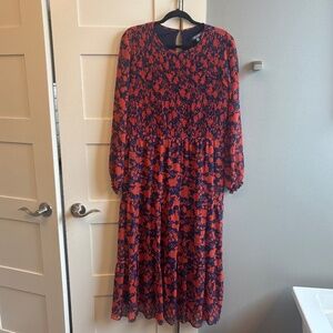 Julia Jordan 14 orange navy maxi dress long sleeve smocked bodice